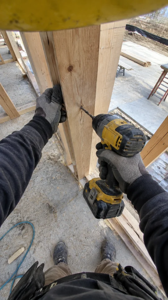 First-person view of gloved hands drilling into a wooden stud on a construction site