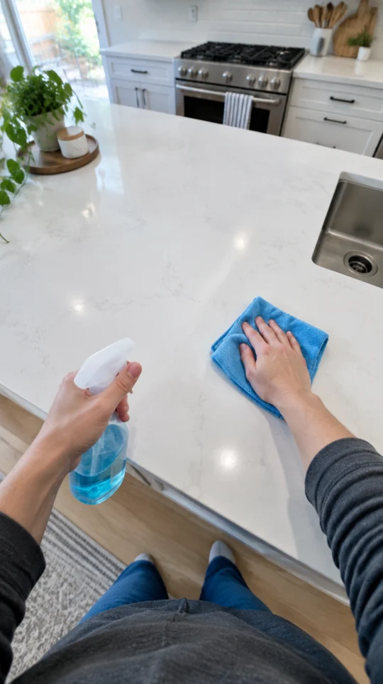 First-person view of hands wiping a kitchen countertop