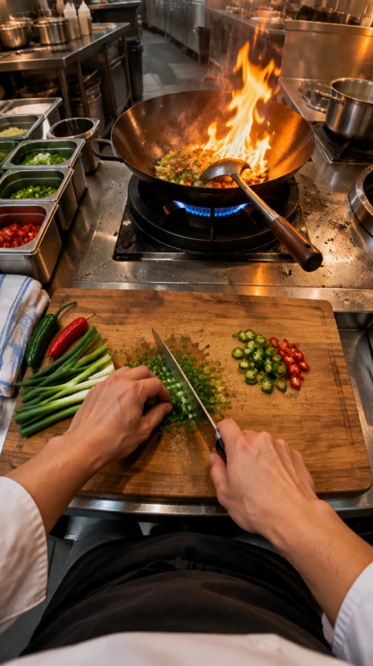 First-person view of hands chopping vegetables in a restaurant kitchen