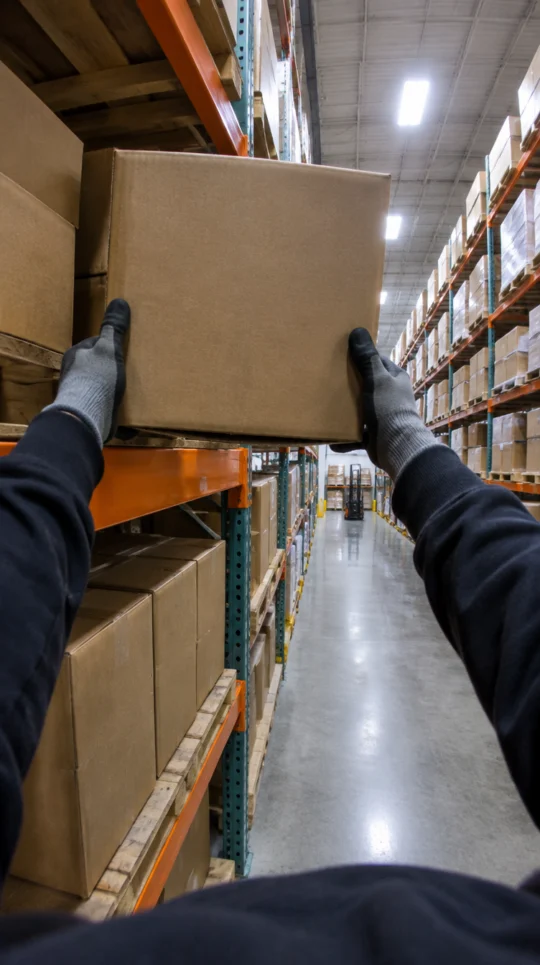 First-person view of hands lifting a box off a warehouse shelf
