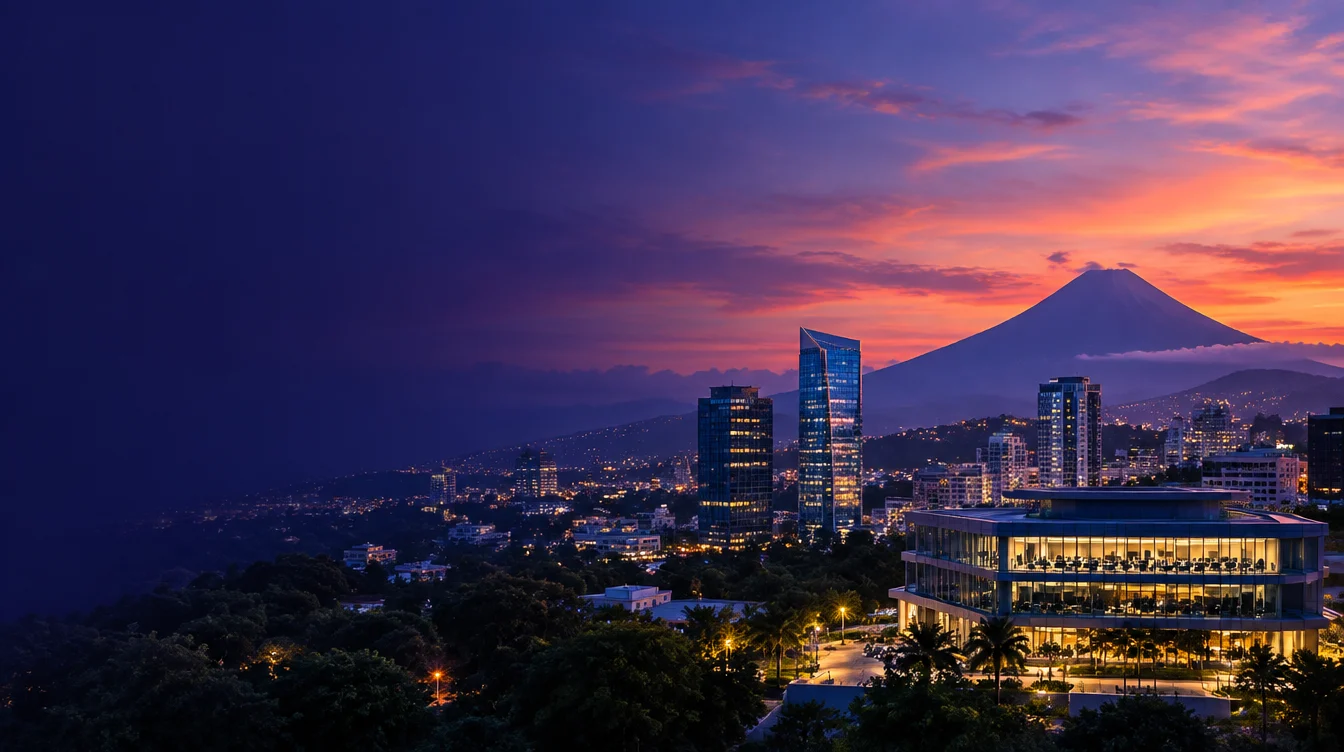 San Salvador city at dusk beneath the San Salvador volcano