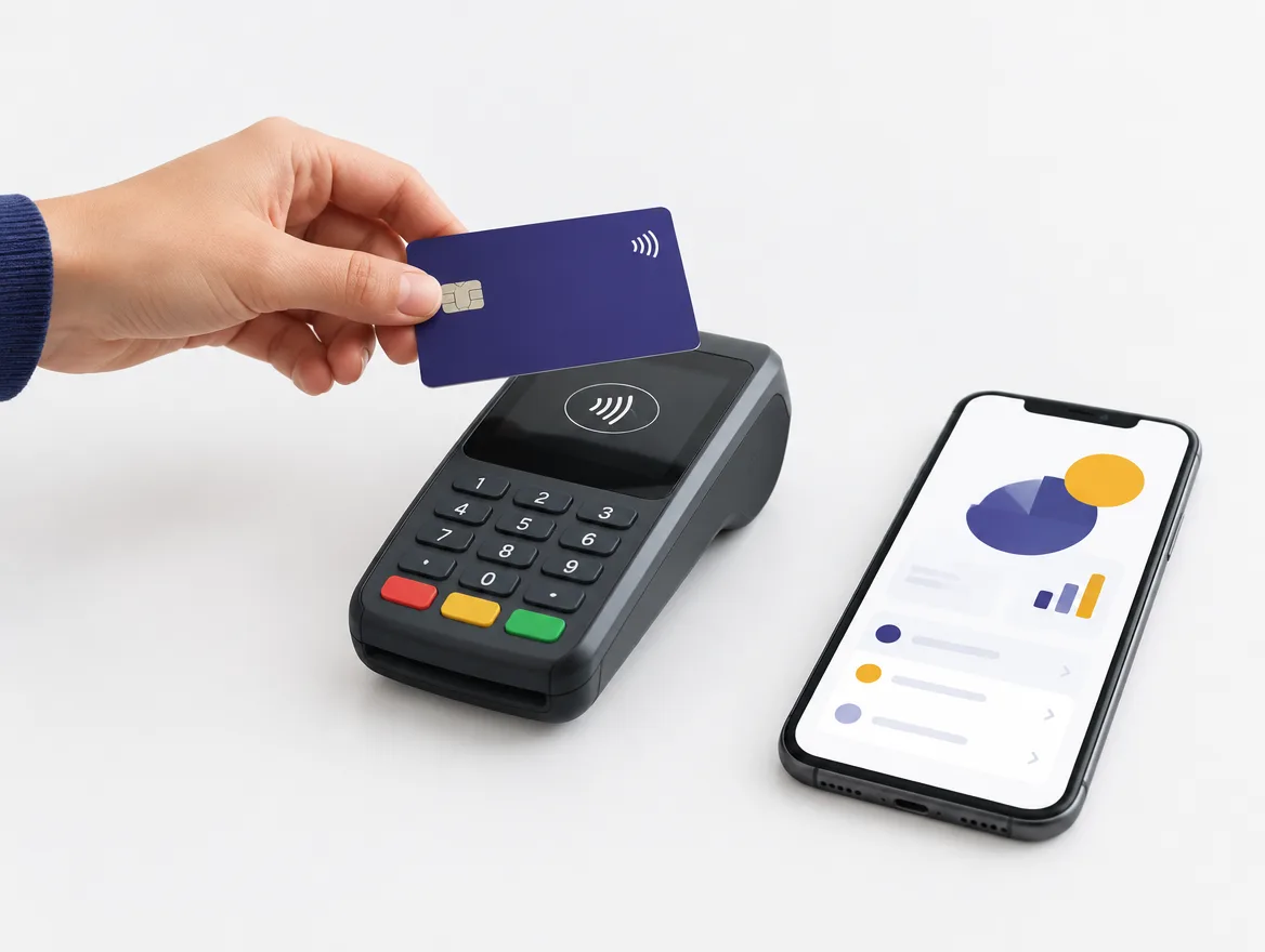 A contactless bank card held over a payment terminal