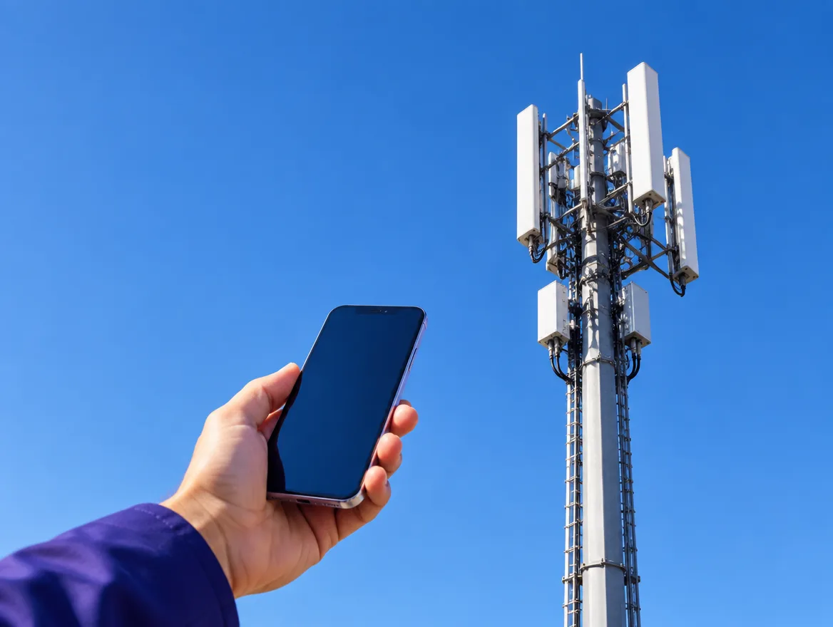 A 5G cell tower against a blue sky with a smartphone in hand