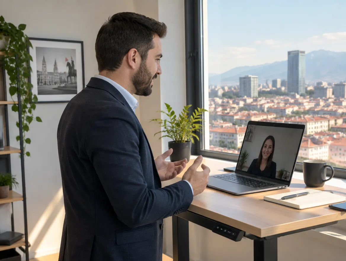 Fusion CX client services manager on a video call from an office in Tirana, Albania