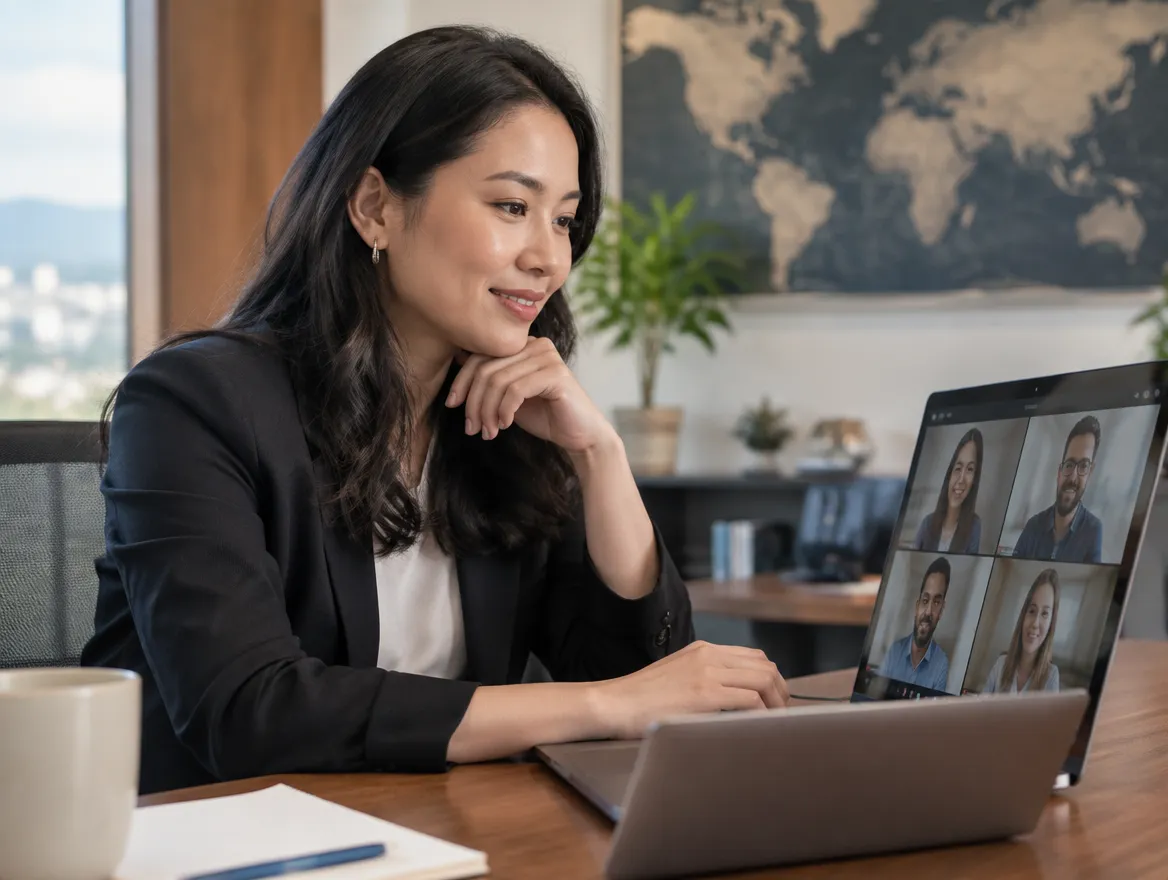 Fusion CX client services lead on a video call from an office in the Asia-Pacific region