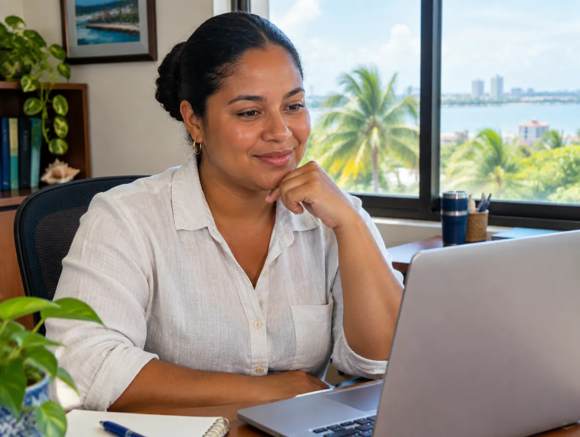 Fusion CX client services manager on a video call from an office in Belize City