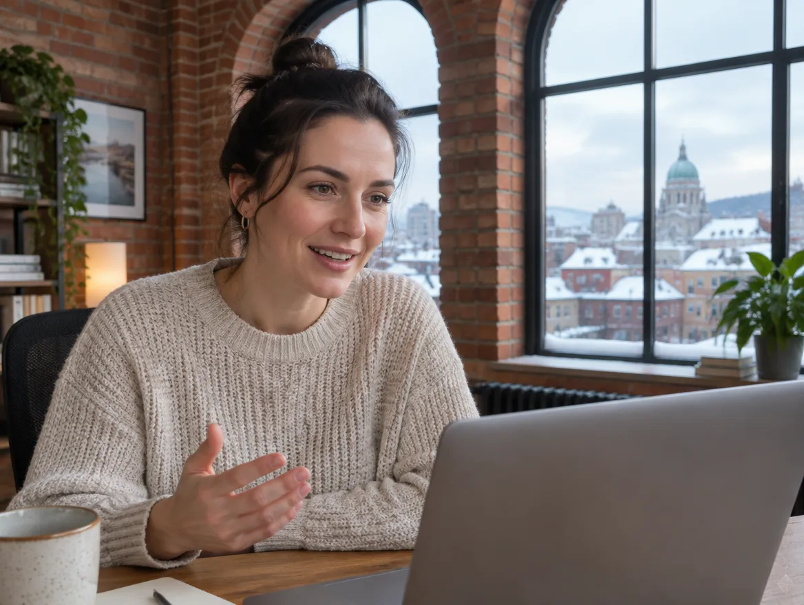 Fusion CX client services lead on a video call from an office in Montreal, Canada