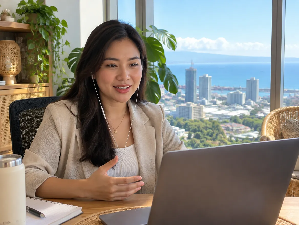 Fusion CX client services manager on a laptop in a modern office in Cebu, Philippines
