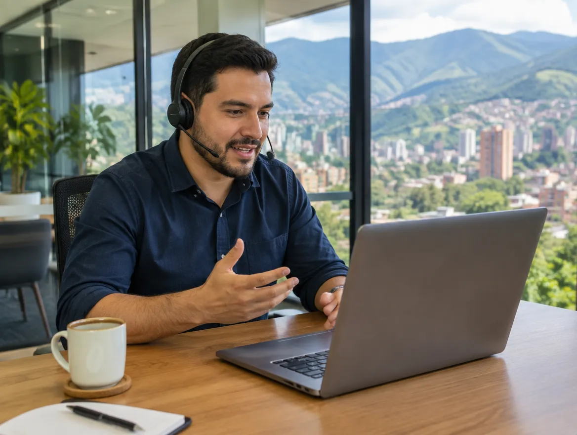 Fusion CX client services manager on a video call from an office in Medellín, Colombia