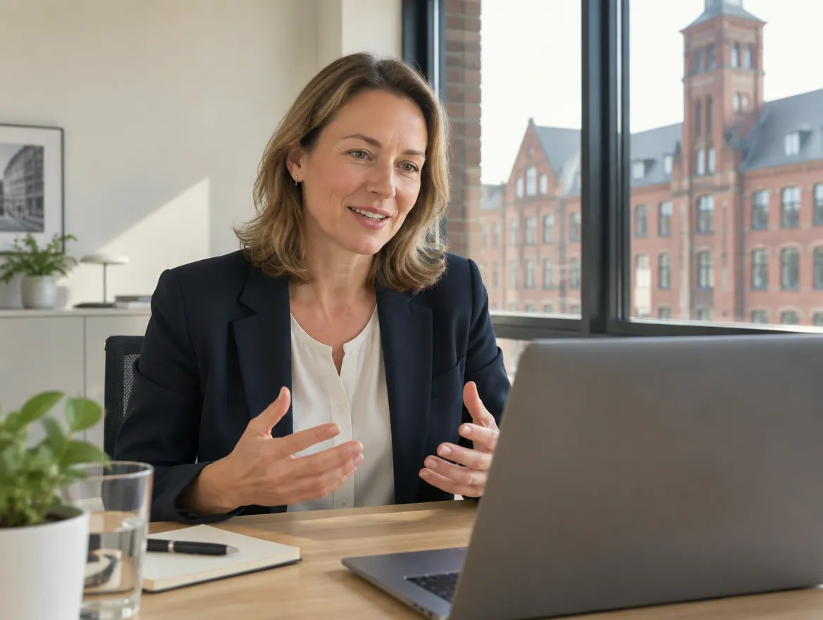 Fusion CX client services manager on a video call from an office in Germany