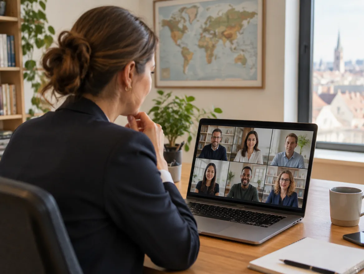 Fusion CX client services manager on a video call from an office in the EMEA region