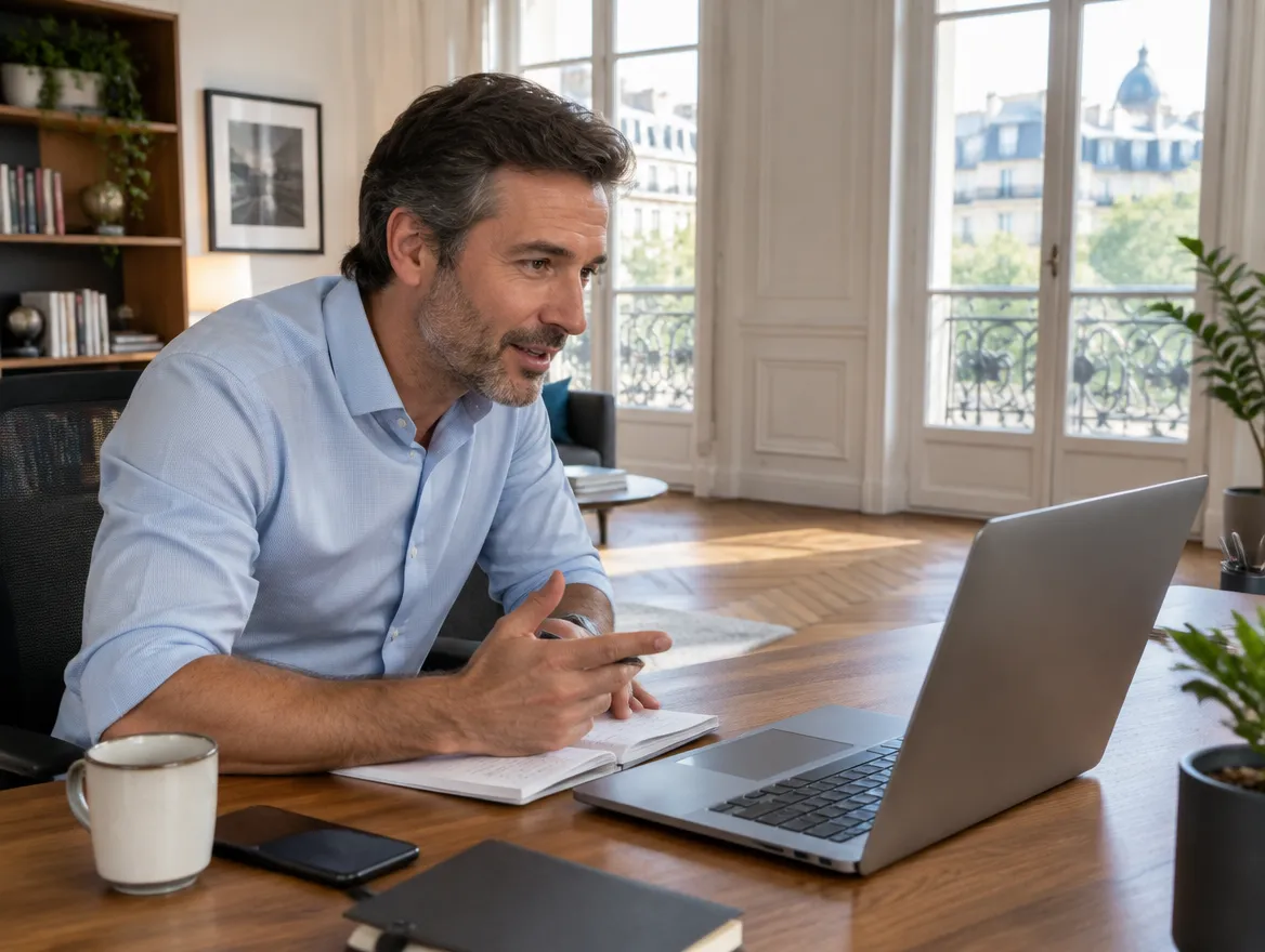 Fusion CX client services manager on a video call from an office serving French-speaking clients in France