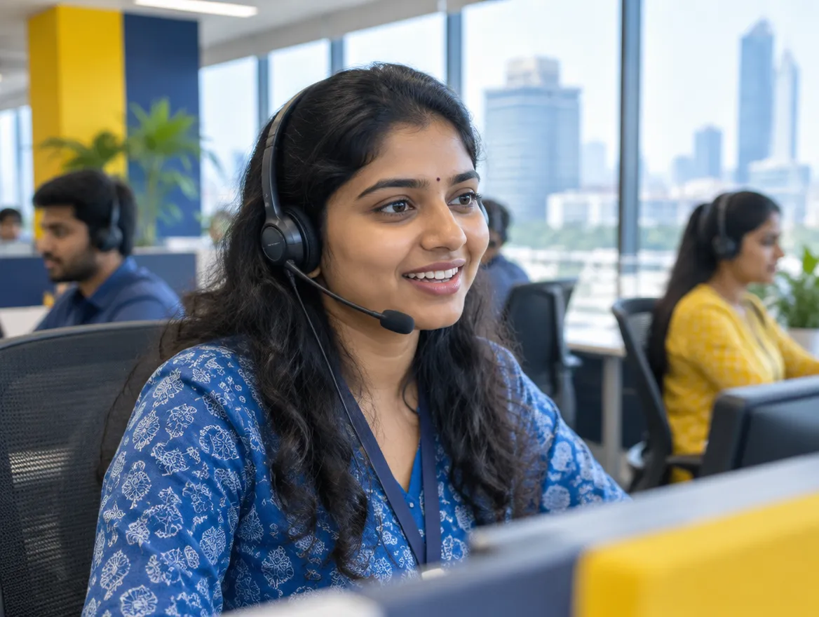 Customer support agent with a headset at a Fusion CX call center in India