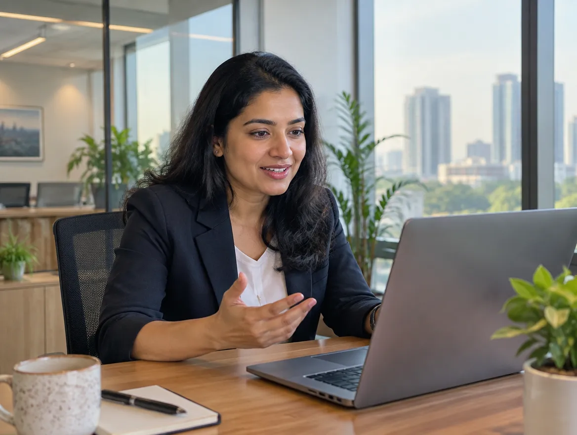Fusion CX client services lead on a video call from an office in India