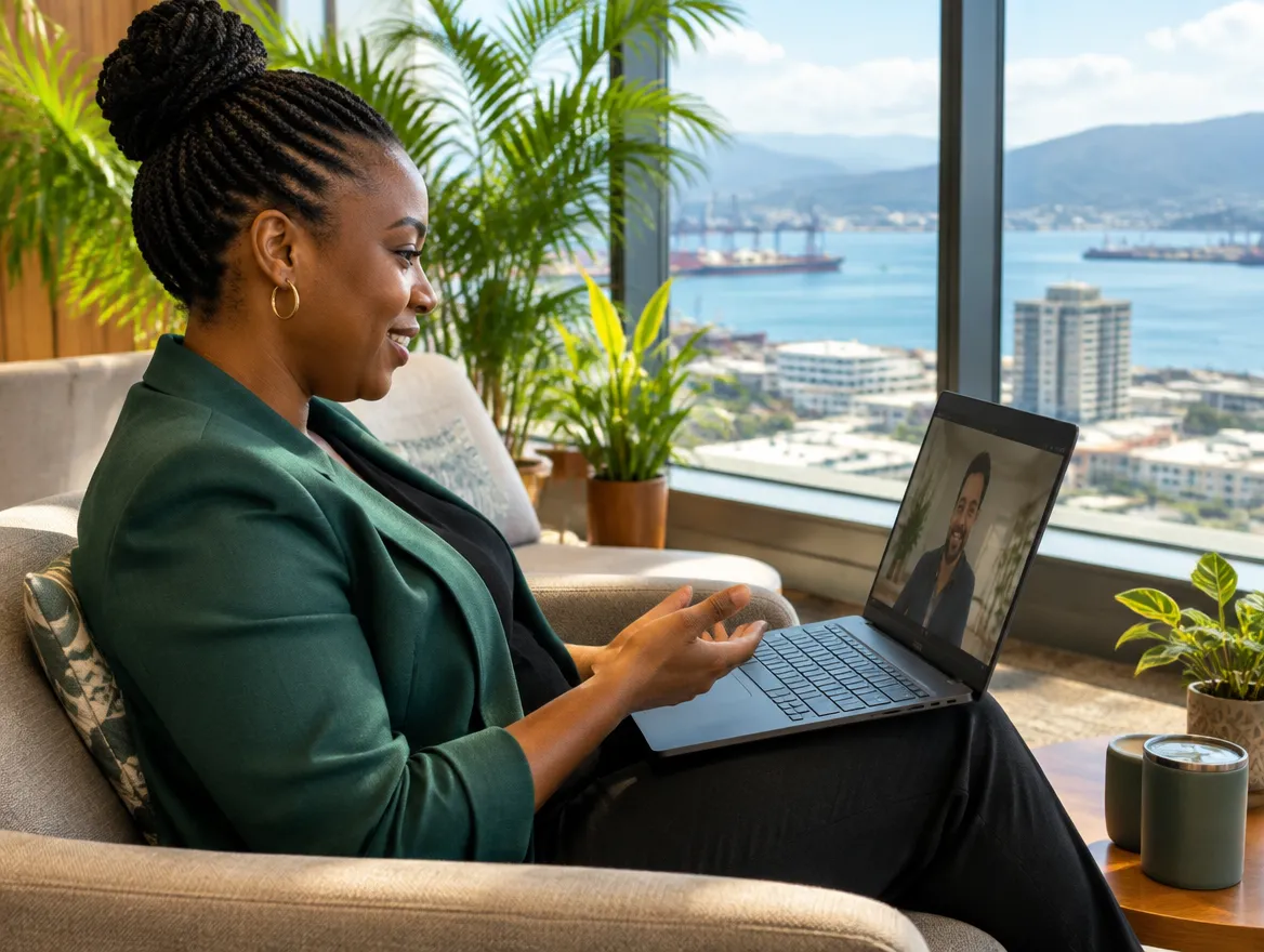 Fusion CX client services manager at a laptop in an office in Kingston, Jamaica