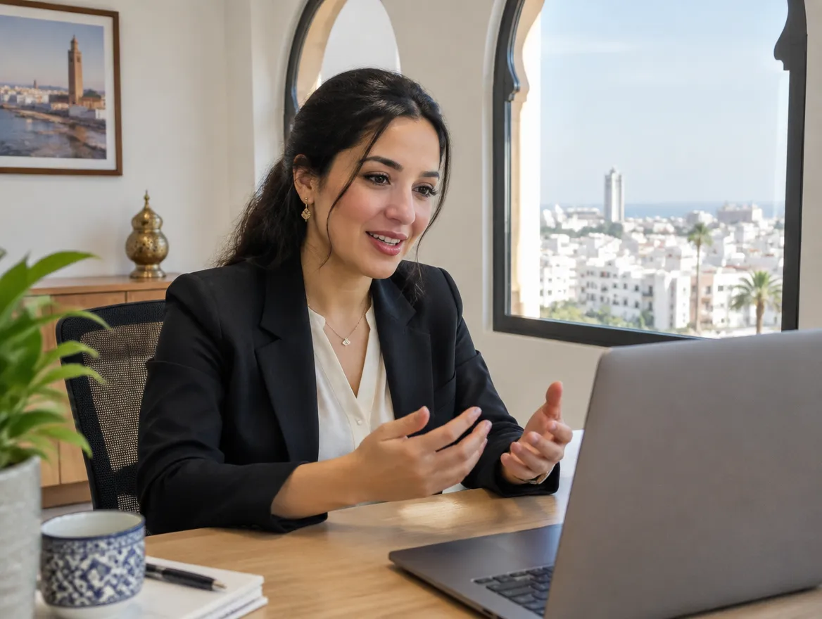 Fusion CX client services manager on a video call from an office in Casablanca, Morocco
