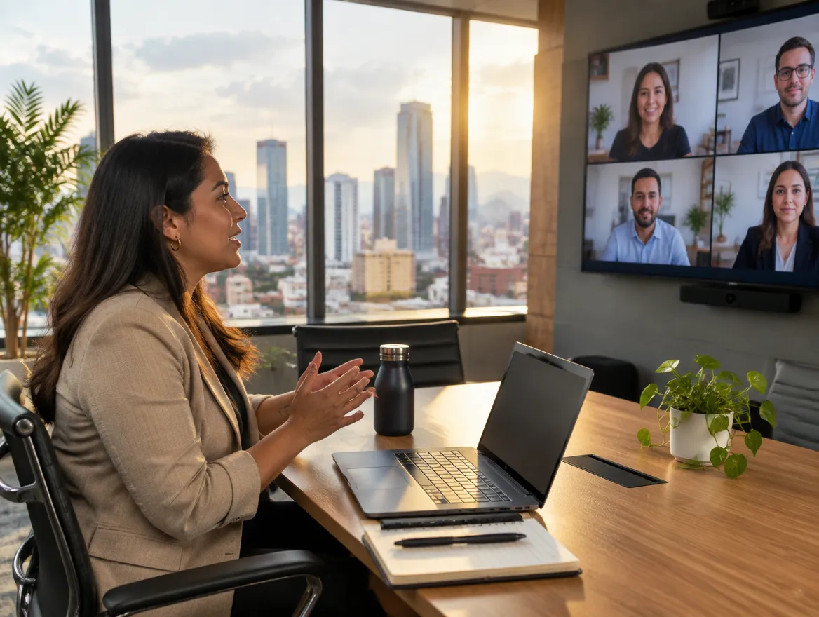 Fusion CX client services manager on a video call from an office in Latin America