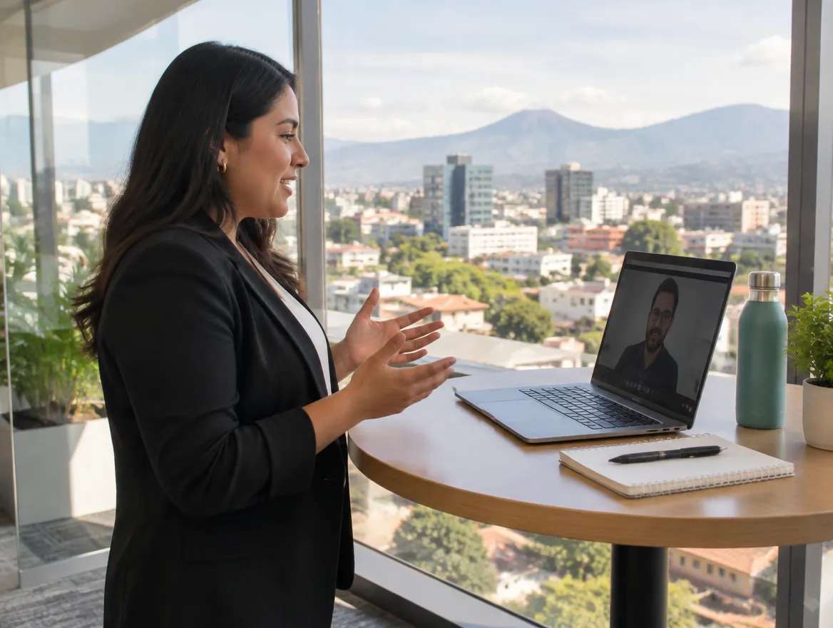 Fusion CX client services manager on a video call from an office in San Salvador, El Salvador