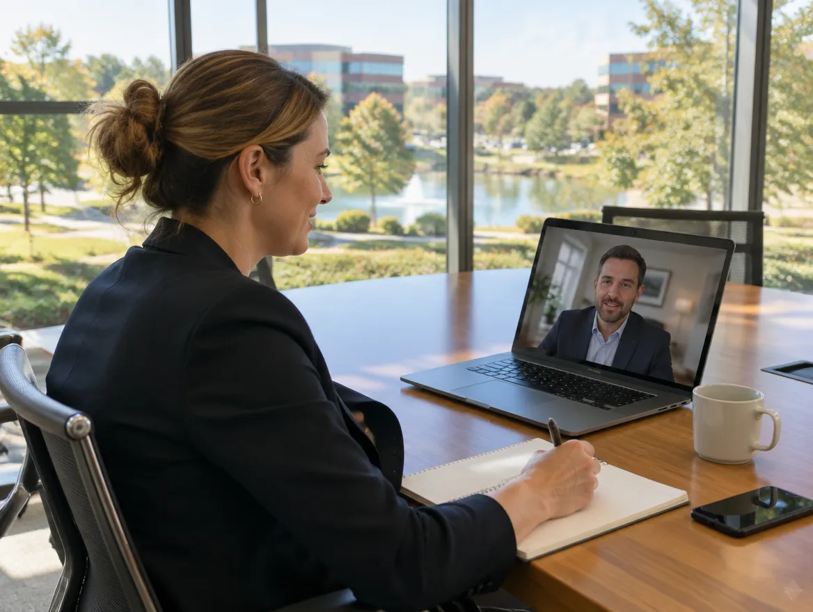Fusion CX client services manager working on a laptop in a modern office in the United States