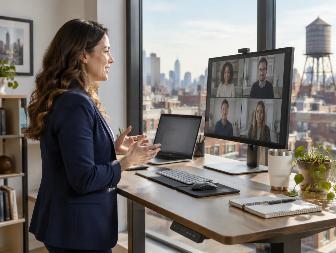 Fusion CX client services manager on a video call from an office in the United States