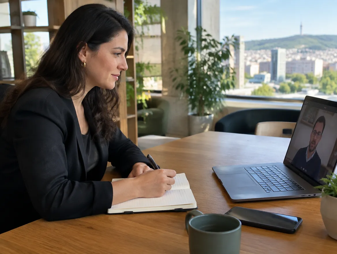 Fusion CX client services manager working at a laptop in an office in Prishtina, Kosovo