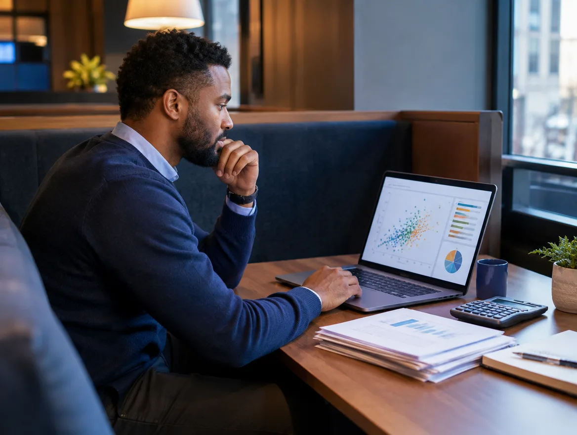 Analyst studying accounts receivable charts on a laptop