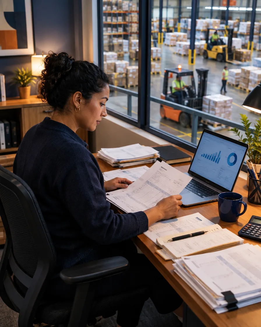 Finance professional reviewing receivables data on a laptop at a desk