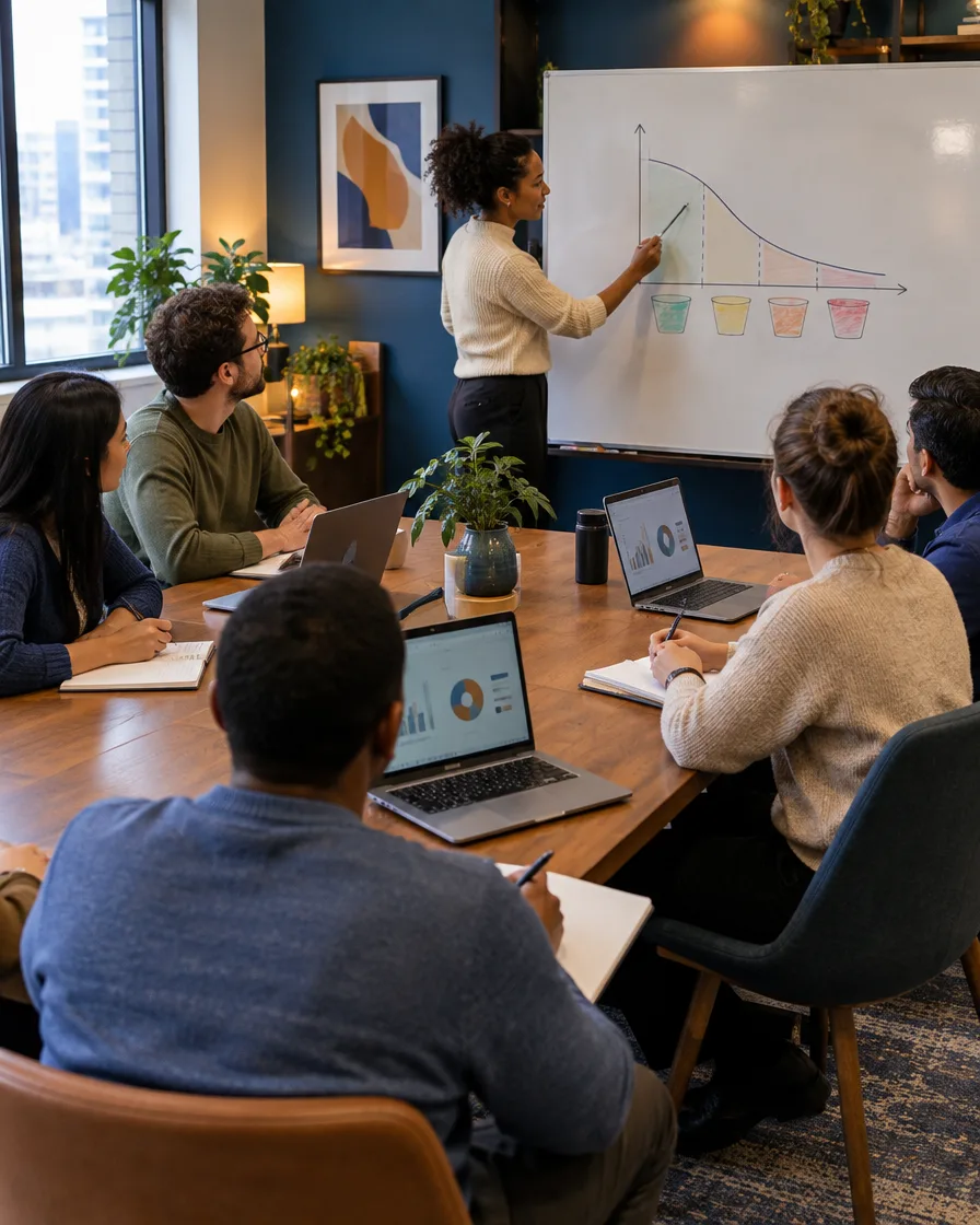 Finance team meeting around a whiteboard with charts