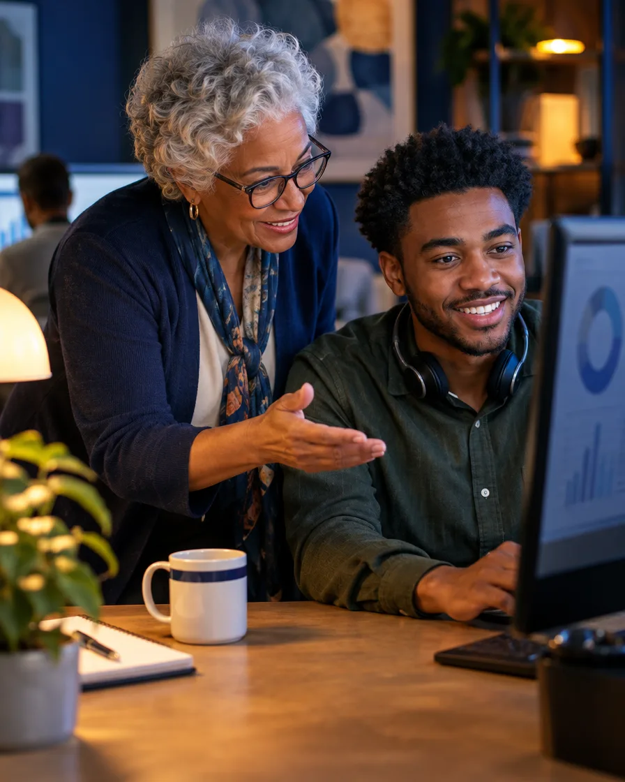 Agent helping a senior customer review her account on a computer