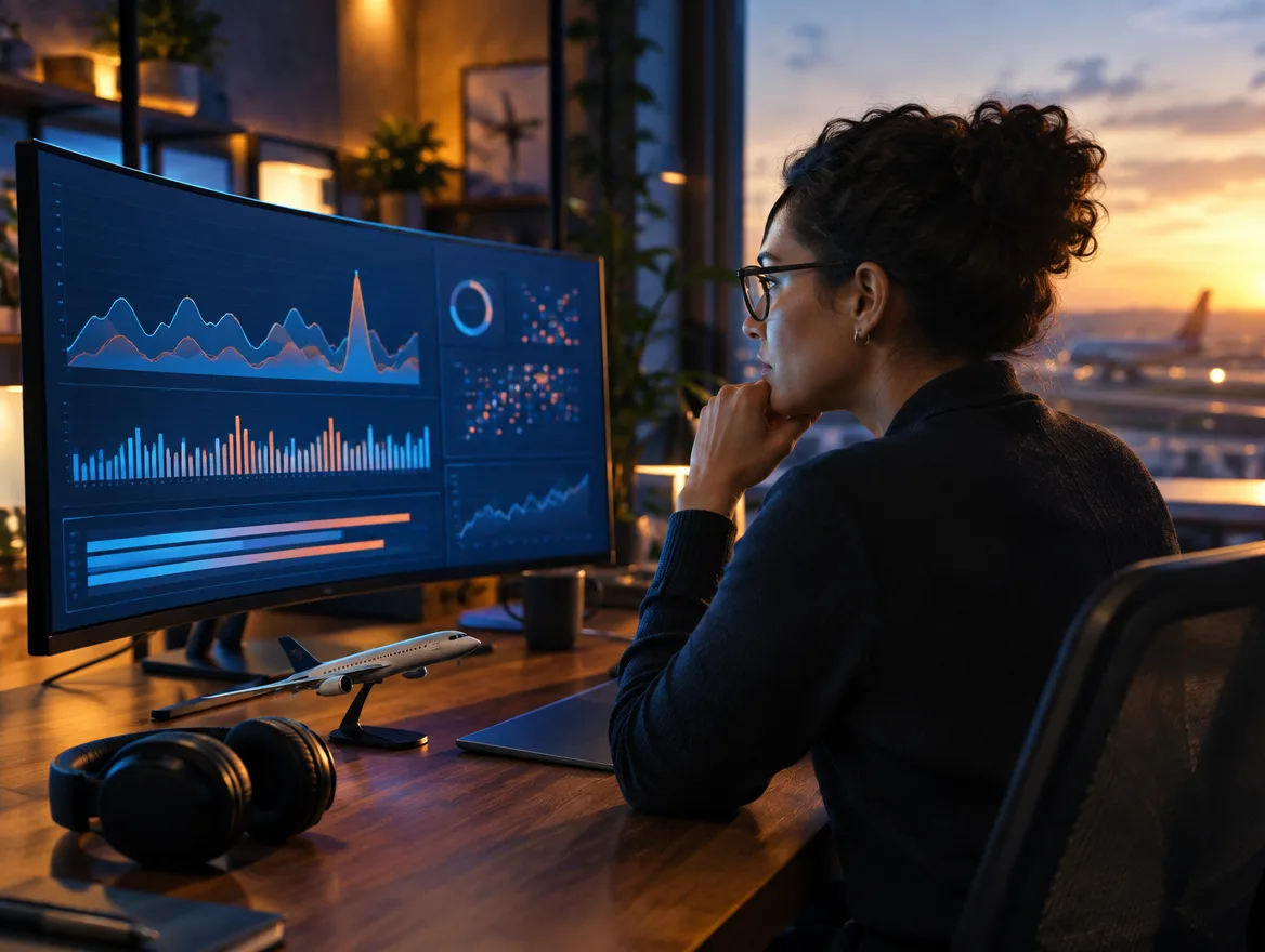 Analyst reviewing airline performance dashboards at dusk with an airport view