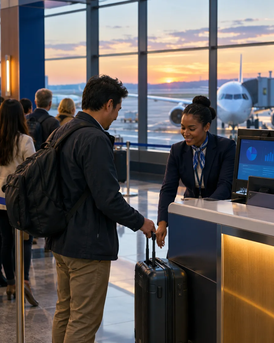 Airline staff assisting a traveler with luggage at an airport check-in desk