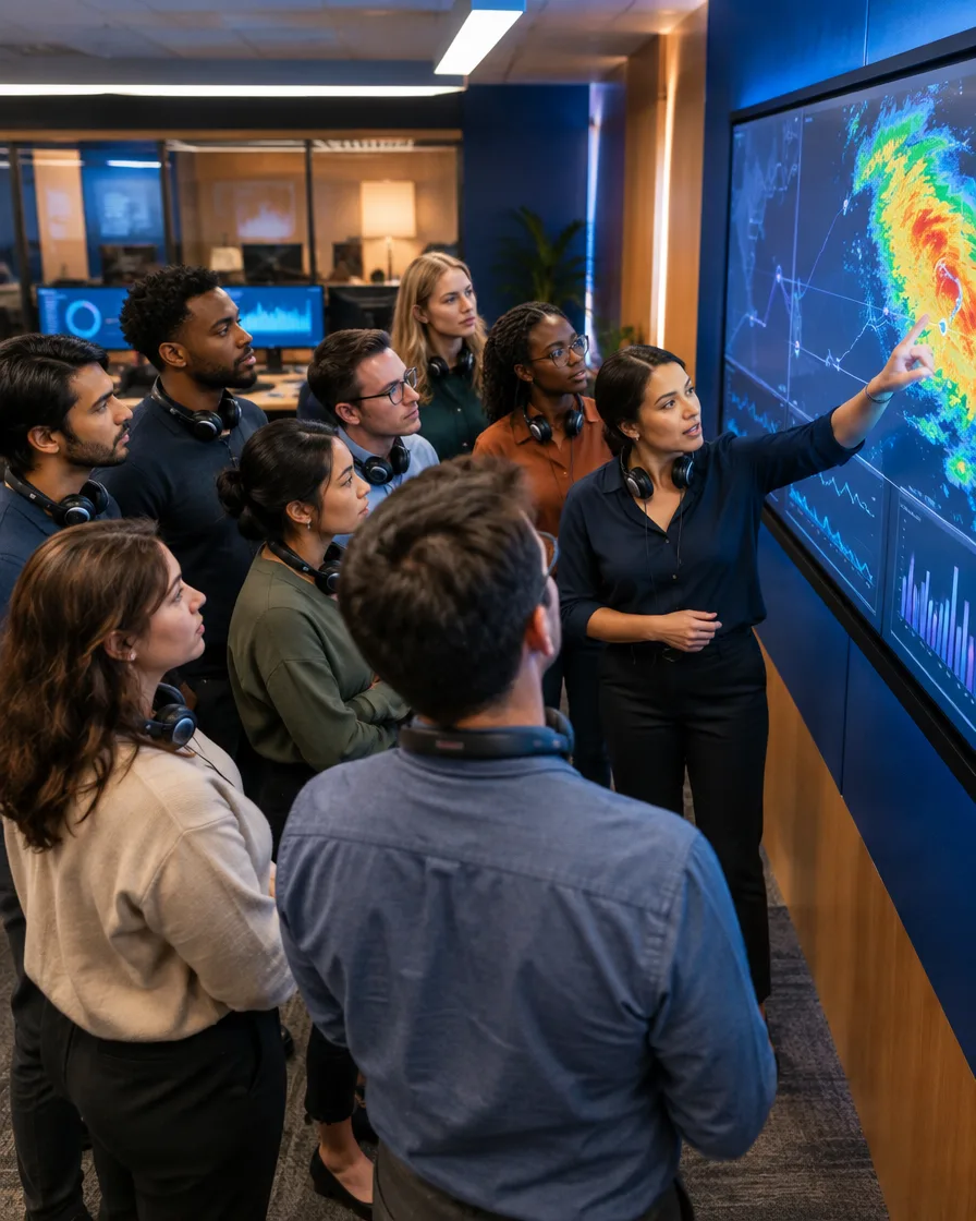 Airline operations team reviewing a flight map on a large screen