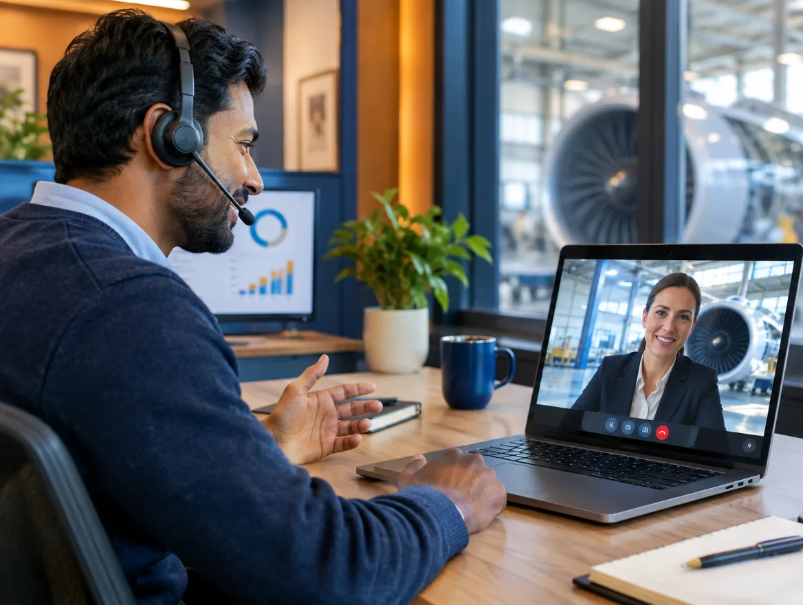 Airline support agent in a headset on a video call with a customer