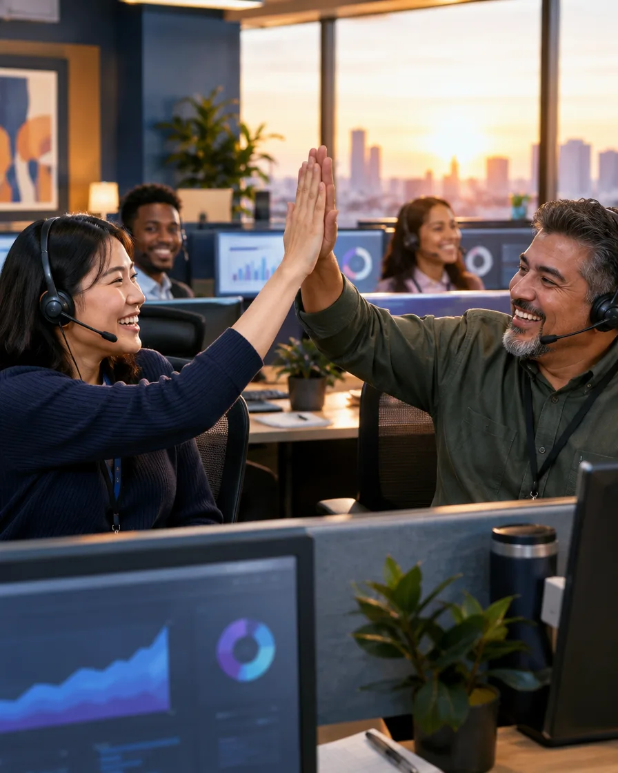 Aviation support team celebrating with a high-five at their desks