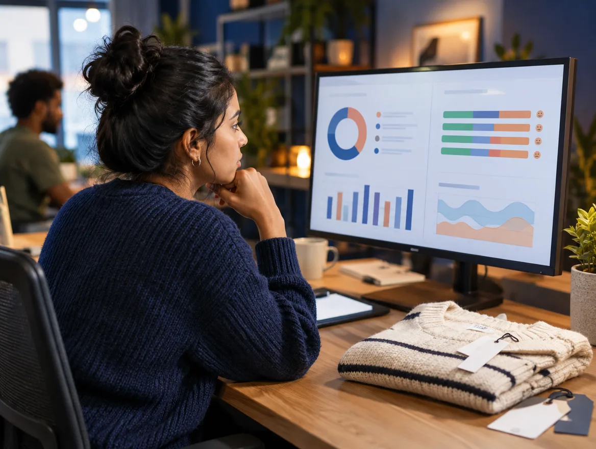 Analyst reviewing apparel sales charts on a monitor next to folded sweaters