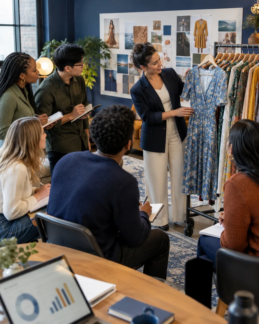 Fashion retail team meeting in a studio with clothing samples