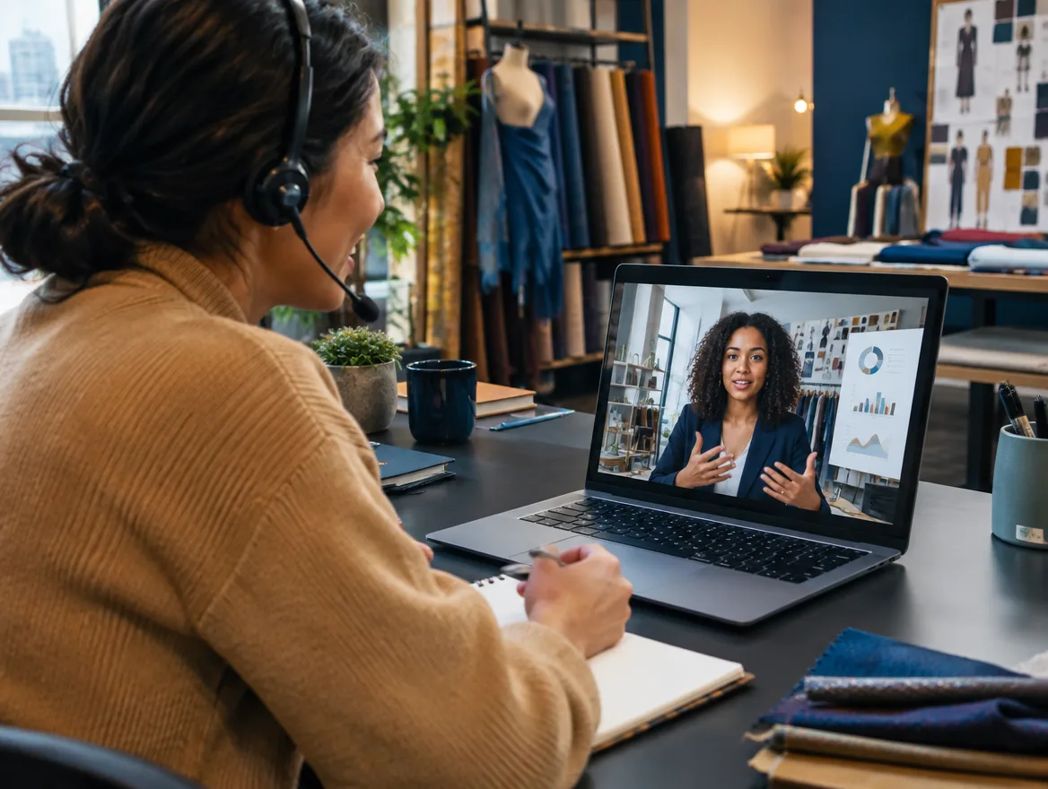 Fashion support agent in a headset talking to a customer on a video call