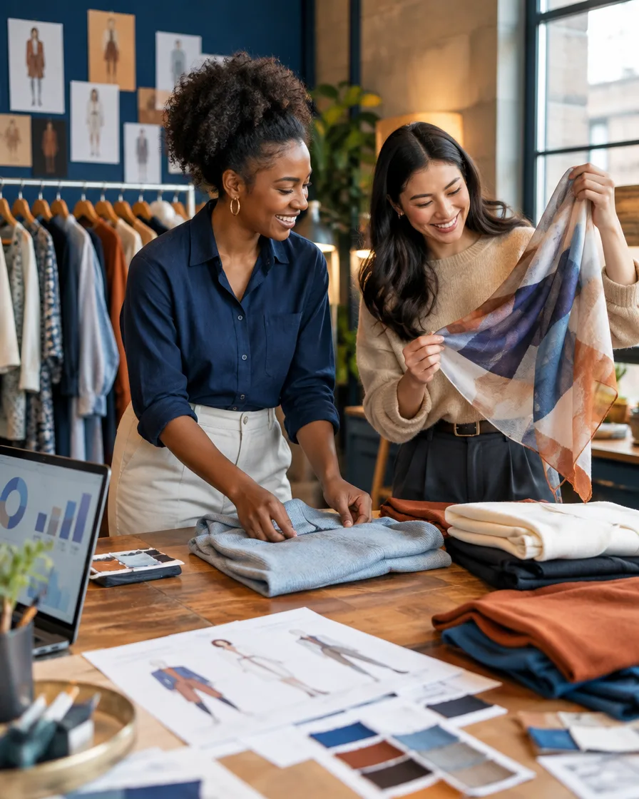 Two colleagues sorting fabric swatches and clothing in a fashion studio