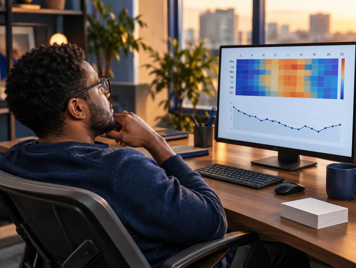 Analyst reviewing an appointment demand heatmap on a monitor