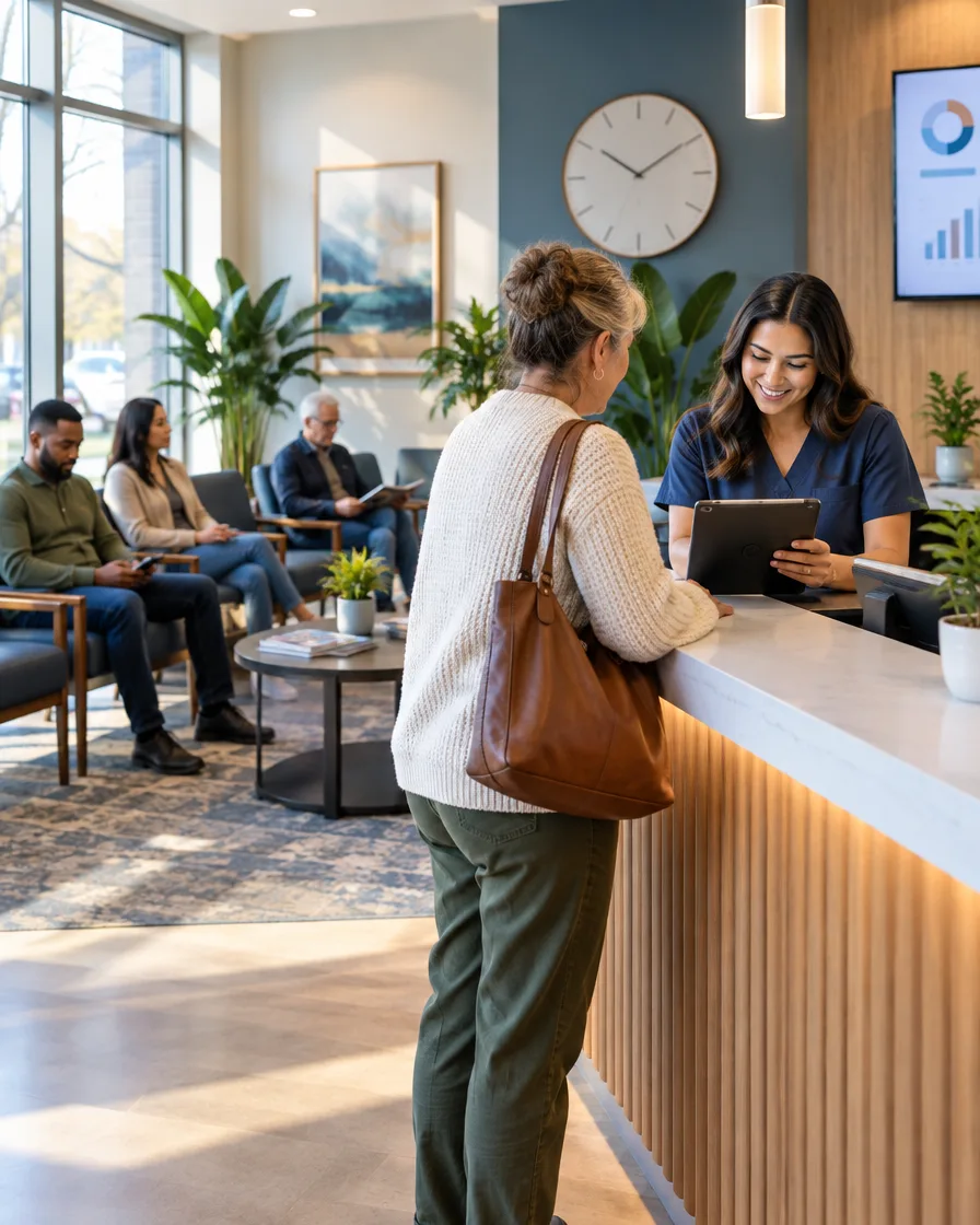 Patient checking in at a clinic reception desk