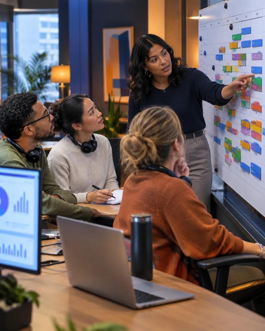 Healthcare scheduling team planning appointments on a whiteboard