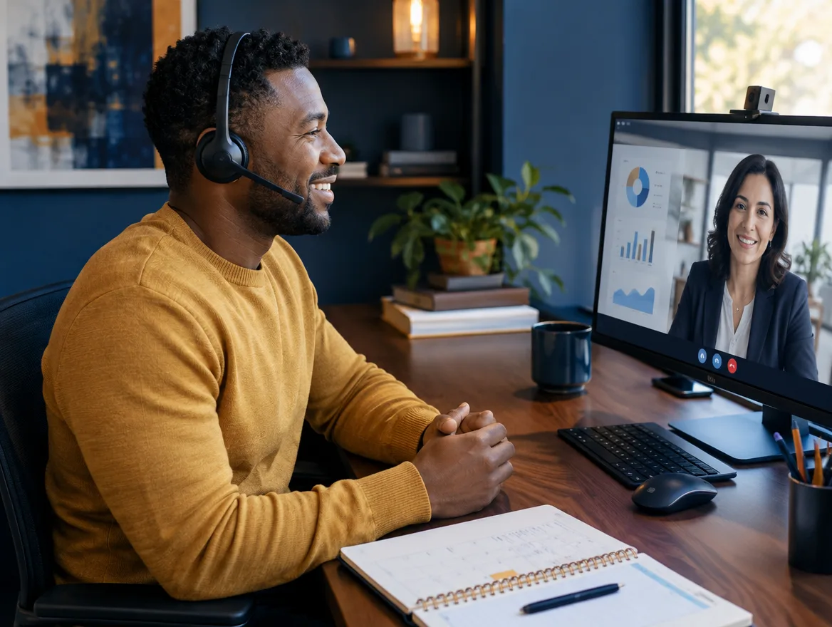 Scheduling agent in a headset on a video call with a patient