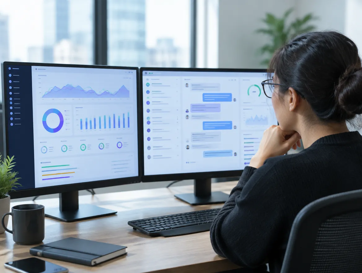 Analyst reviewing ecommerce dashboards on two monitors