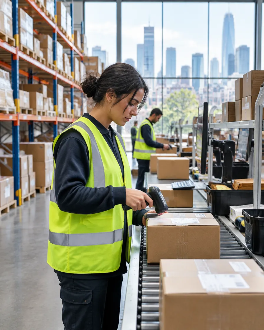 Warehouse worker checking orders on a packing line