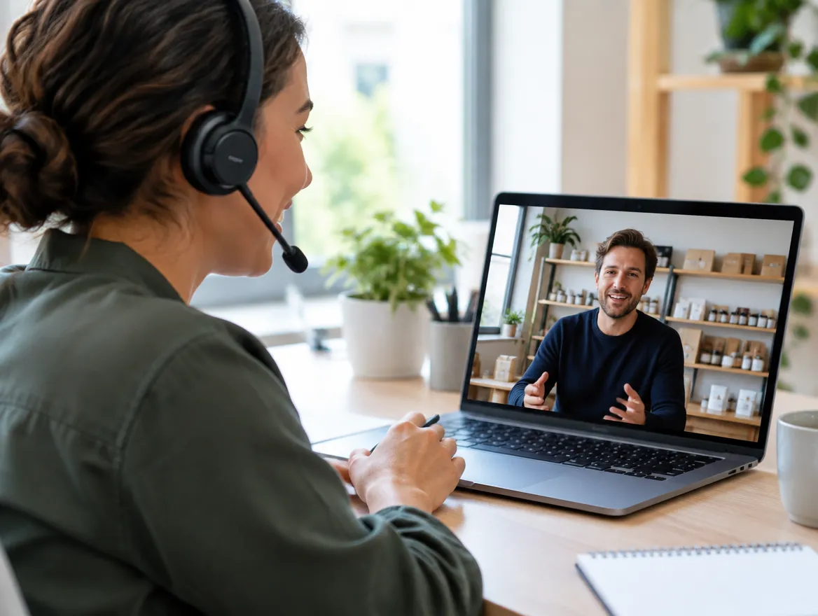 Support agent in a headset on a video call with a customer