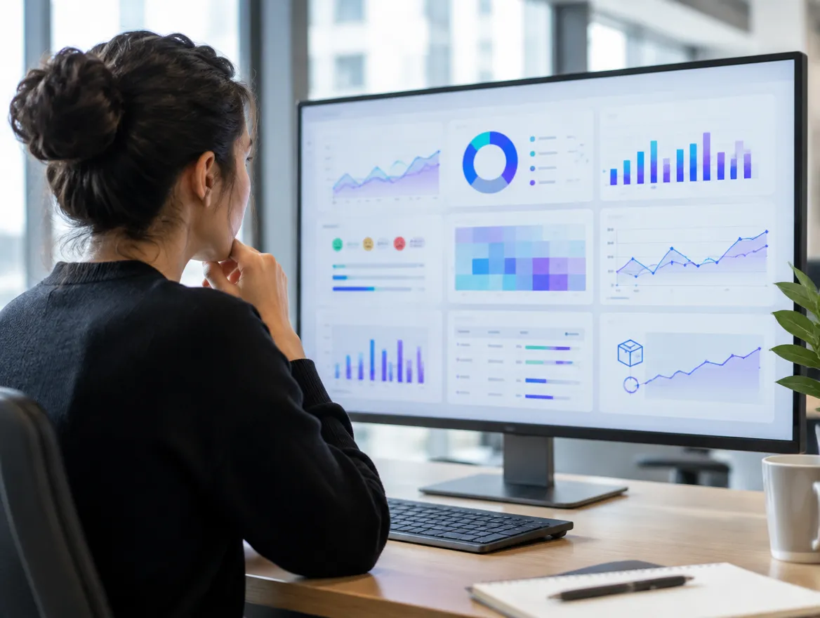 Analyst reviewing retail sales dashboards on a monitor
