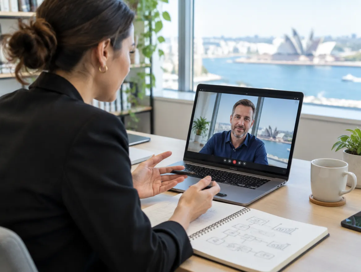 Retail support agent on a video call with a Sydney Harbour view
