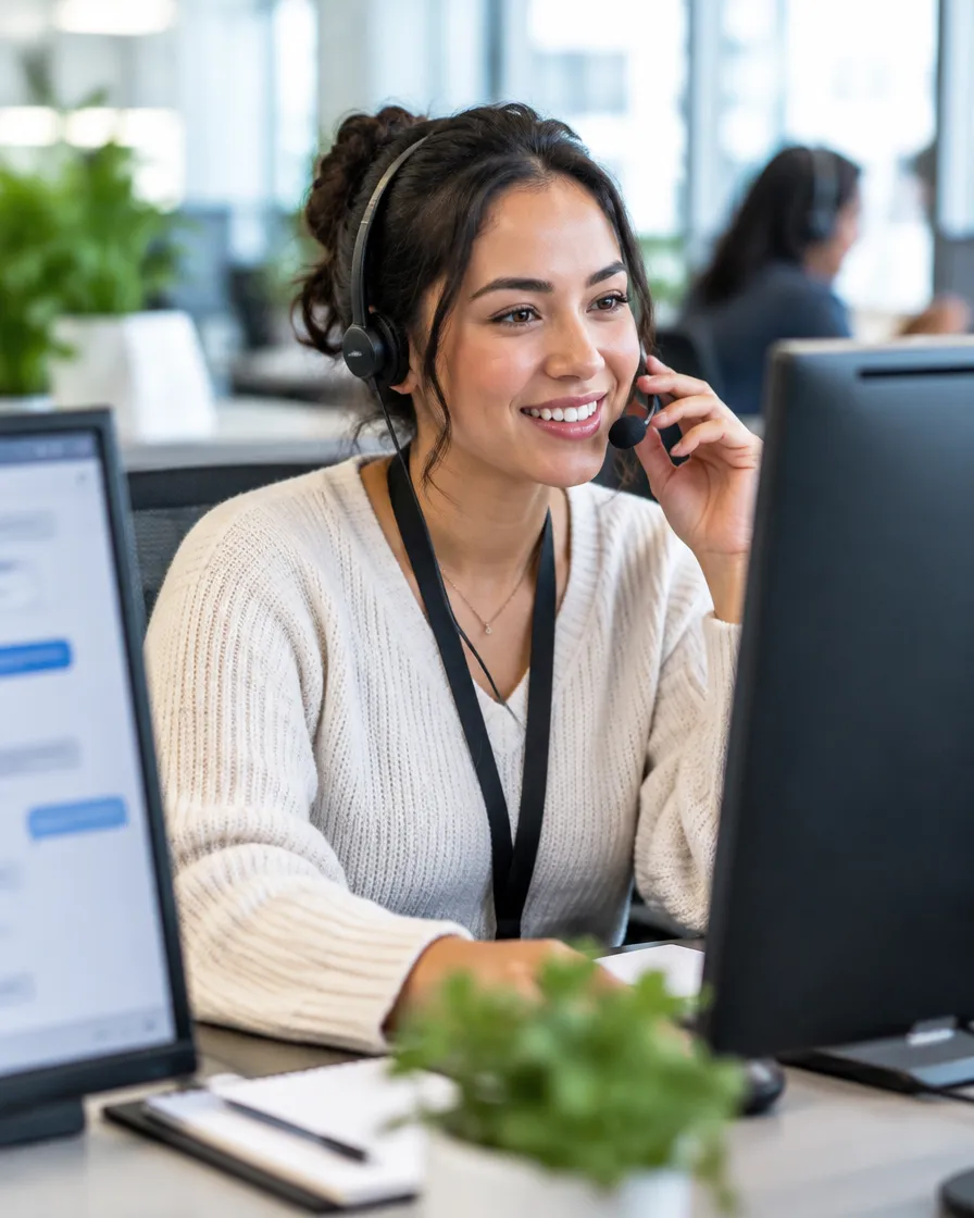 Smiling retail support agent on the phone at her desk