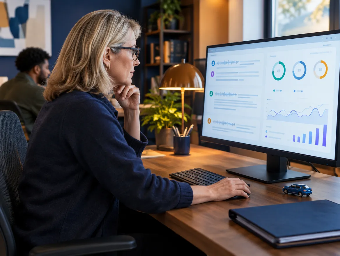 Analyst reviewing auto insurance dashboards on a monitor