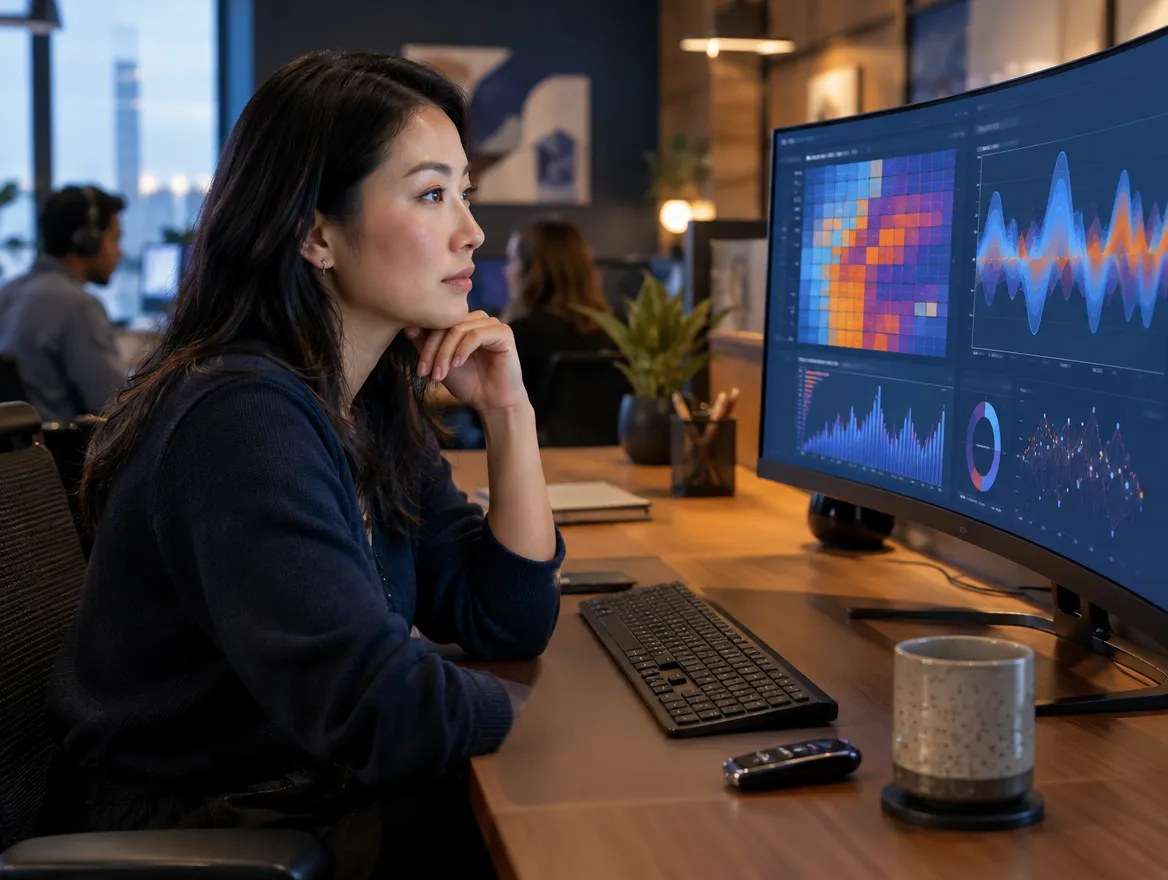 Analyst reviewing auto insurance claims data on two monitors
